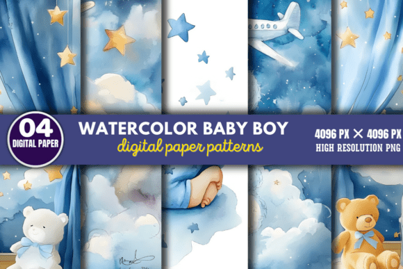 Download Watercolor Baby Boy Scenes Paper Pattern - Baby Collection
