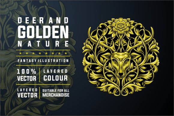 Download DEER and GOLDEN NATURE ILLUSTRATION - Golden Collection