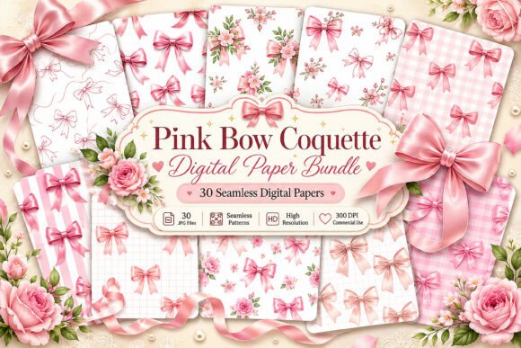 Download Pink Bow Coquette Digital Paper Bundle - Digital paper bundle Collection