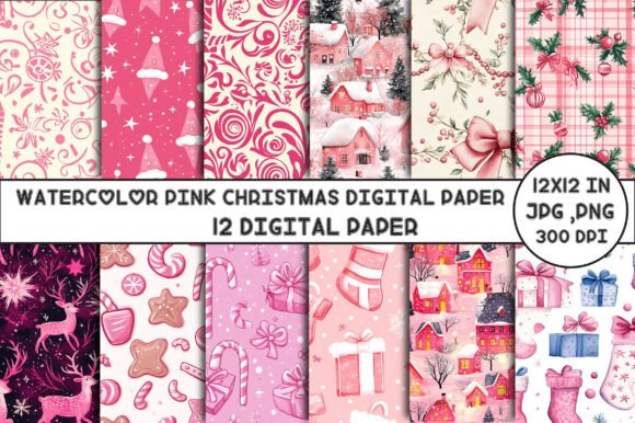 Download Watercolor Pink Christmas Digital Paper - Christmas digital paper Collection