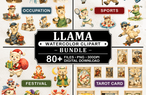 Download 80+ PNG Llama Watercolor Clipart Bundle - Llama Collection