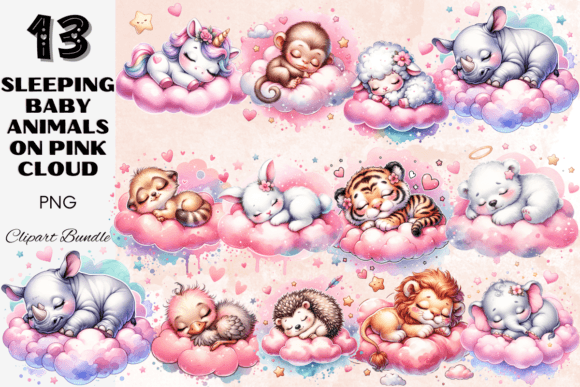 Download Sleeping Baby Animals on Pink Clouds Set - Baby Collection