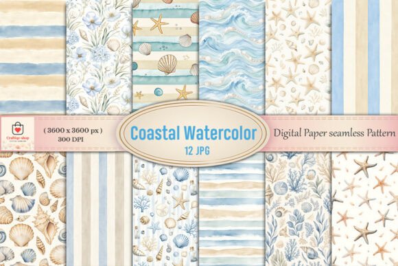 Download Coastal Watercolor Digital Paper Bundle - Digital paper bundle Collection