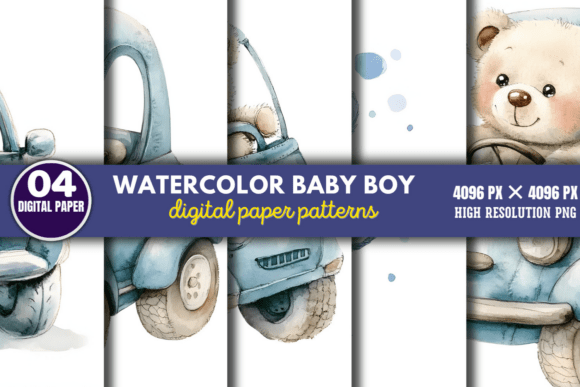 Download Watercolor Baby Boy Scenes Paper Pattern - Baby Collection