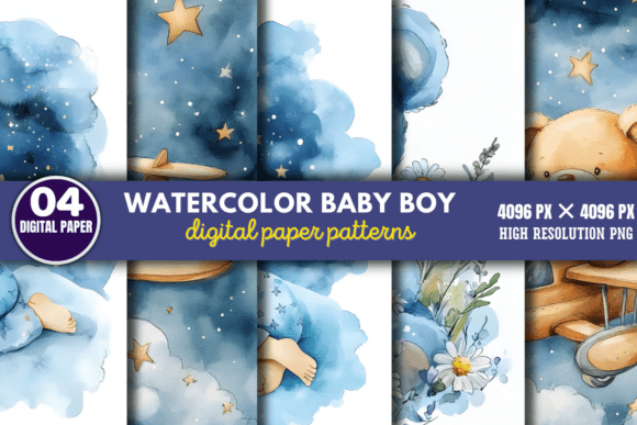 Download Watercolor Baby Boy Scenes Paper Pattern - Baby Collection
